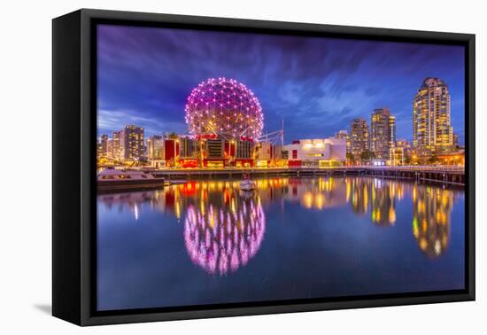 View of False Creek and Vancouver skyline, including World of Science Dome at dusk, Vancouver, Brit-Frank Fell-Framed Premier Image Canvas