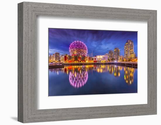 View of False Creek and Vancouver skyline, including World of Science Dome at dusk, Vancouver, Brit-Frank Fell-Framed Photographic Print