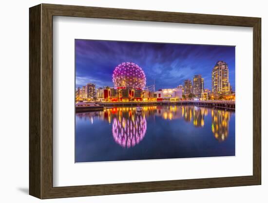 View of False Creek and Vancouver skyline, including World of Science Dome at dusk, Vancouver, Brit-Frank Fell-Framed Photographic Print