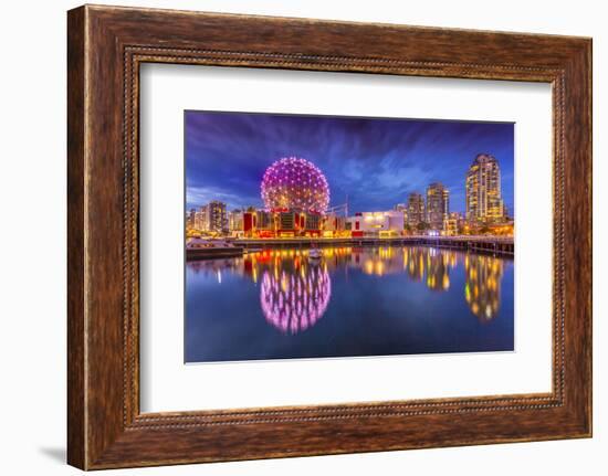 View of False Creek and Vancouver skyline, including World of Science Dome at dusk, Vancouver, Brit-Frank Fell-Framed Photographic Print