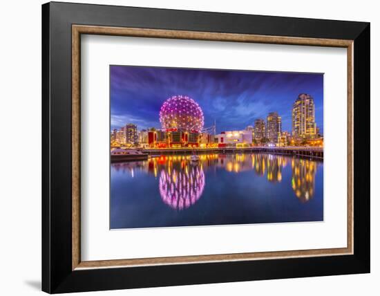 View of False Creek and Vancouver skyline, including World of Science Dome at dusk, Vancouver, Brit-Frank Fell-Framed Photographic Print