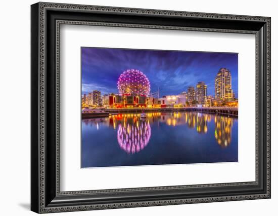 View of False Creek and Vancouver skyline, including World of Science Dome at dusk, Vancouver, Brit-Frank Fell-Framed Photographic Print