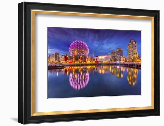 View of False Creek and Vancouver skyline, including World of Science Dome at dusk, Vancouver, Brit-Frank Fell-Framed Photographic Print