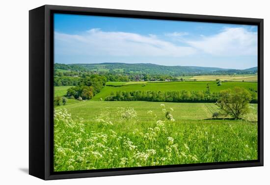 View of farmland and Baslow village during spring, Peak District National Park, Derbyshire, England-Frank Fell-Framed Premier Image Canvas