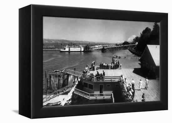 View of Ferry Landing, Mt. Rainier from Point Defiance - Tacoma, WA-Lantern Press-Framed Stretched Canvas
