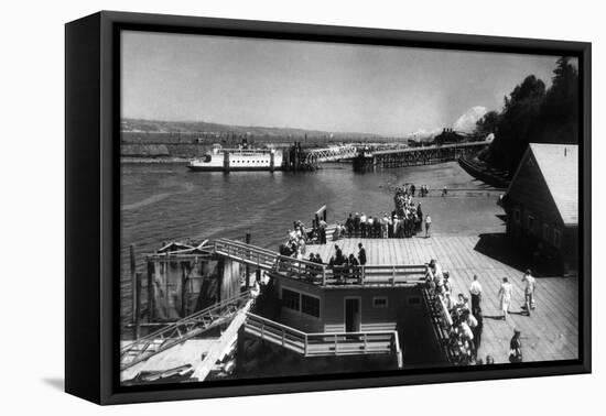 View of Ferry Landing, Mt. Rainier from Point Defiance - Tacoma, WA-Lantern Press-Framed Stretched Canvas