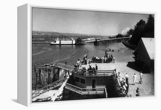 View of Ferry Landing, Mt. Rainier from Point Defiance - Tacoma, WA-Lantern Press-Framed Stretched Canvas