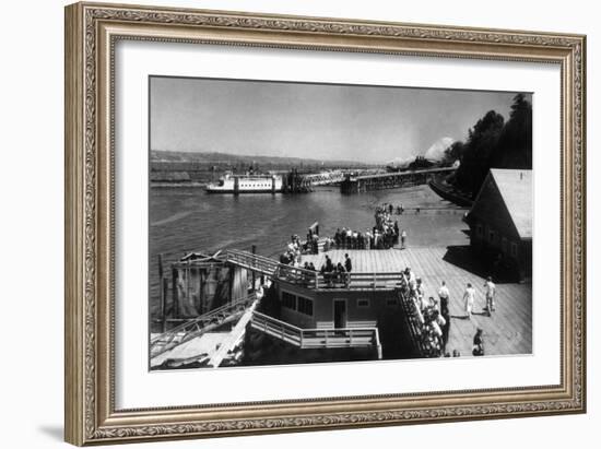 View of Ferry Landing, Mt. Rainier from Point Defiance - Tacoma, WA-Lantern Press-Framed Art Print