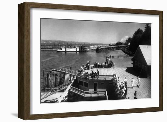 View of Ferry Landing, Mt. Rainier from Point Defiance - Tacoma, WA-Lantern Press-Framed Art Print