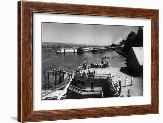 View of Ferry Landing, Mt. Rainier from Point Defiance - Tacoma, WA-Lantern Press-Framed Art Print