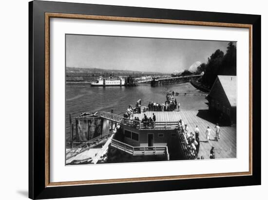 View of Ferry Landing, Mt. Rainier from Point Defiance - Tacoma, WA-Lantern Press-Framed Art Print