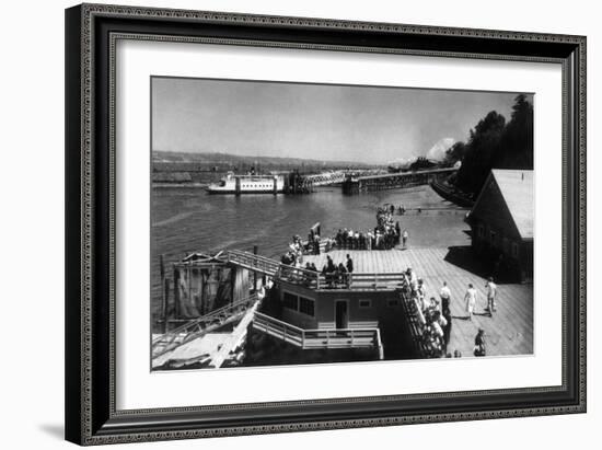 View of Ferry Landing, Mt. Rainier from Point Defiance - Tacoma, WA-Lantern Press-Framed Art Print