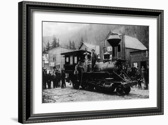 View of First Locomotive in Alaska - Skagway, AK-Lantern Press-Framed Art Print