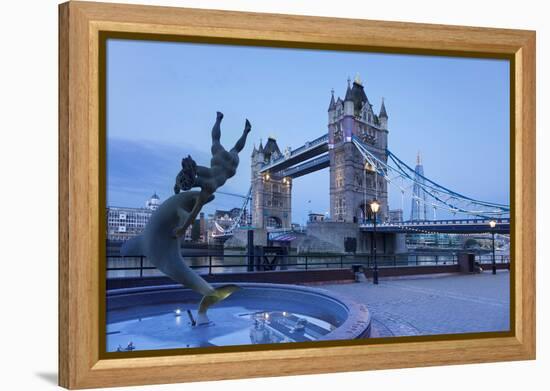 View of Fountain with Tower Bridge in the Background, Thames River, London, England-null-Framed Stretched Canvas