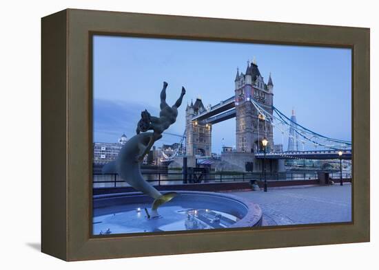 View of Fountain with Tower Bridge in the Background, Thames River, London, England-null-Framed Stretched Canvas