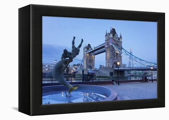 View of Fountain with Tower Bridge in the Background, Thames River, London, England-null-Framed Stretched Canvas