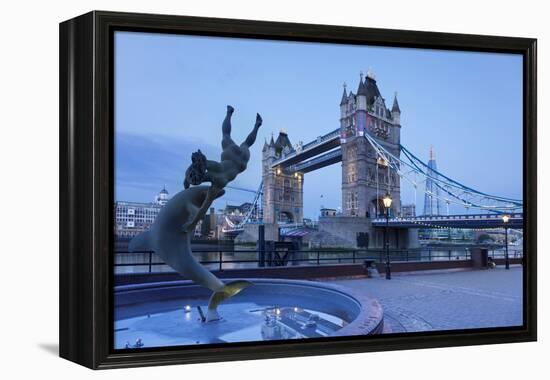 View of Fountain with Tower Bridge in the Background, Thames River, London, England-null-Framed Stretched Canvas