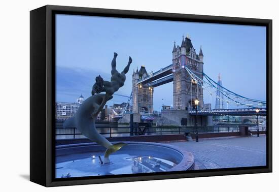 View of Fountain with Tower Bridge in the Background, Thames River, London, England-null-Framed Stretched Canvas