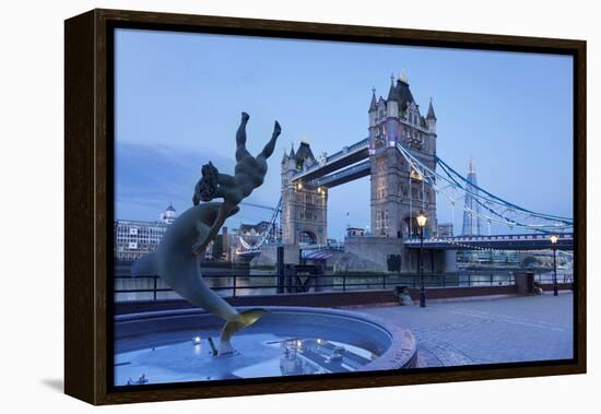 View of Fountain with Tower Bridge in the Background, Thames River, London, England-null-Framed Stretched Canvas