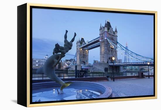 View of Fountain with Tower Bridge in the Background, Thames River, London, England-null-Framed Stretched Canvas