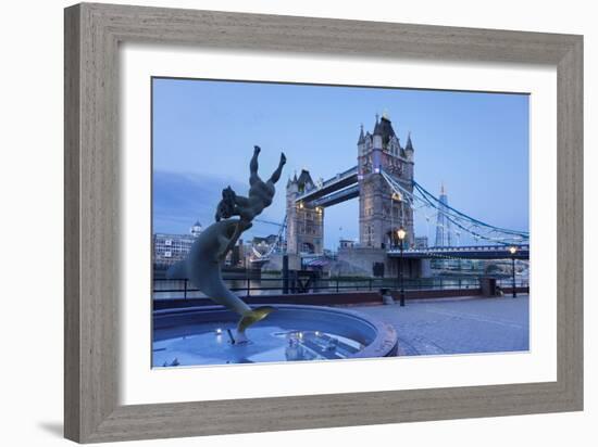 View of Fountain with Tower Bridge in the Background, Thames River, London, England-null-Framed Photographic Print