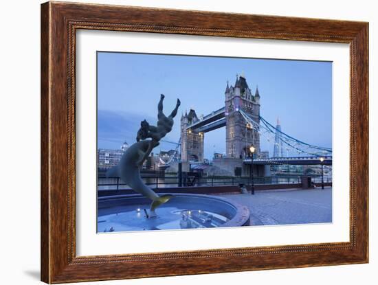 View of Fountain with Tower Bridge in the Background, Thames River, London, England-null-Framed Photographic Print