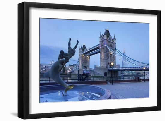 View of Fountain with Tower Bridge in the Background, Thames River, London, England-null-Framed Photographic Print