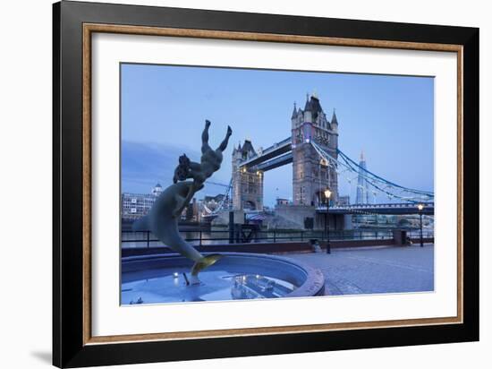 View of Fountain with Tower Bridge in the Background, Thames River, London, England-null-Framed Photographic Print