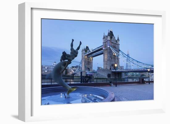 View of Fountain with Tower Bridge in the Background, Thames River, London, England-null-Framed Photographic Print