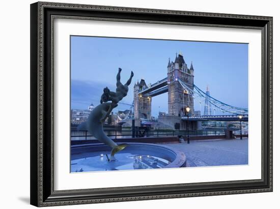 View of Fountain with Tower Bridge in the Background, Thames River, London, England-null-Framed Photographic Print