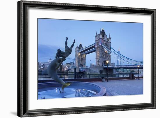 View of Fountain with Tower Bridge in the Background, Thames River, London, England-null-Framed Photographic Print