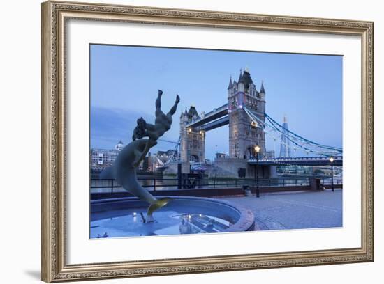 View of Fountain with Tower Bridge in the Background, Thames River, London, England-null-Framed Photographic Print