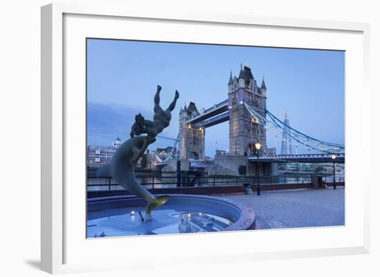 View of Fountain with Tower Bridge in the Background, Thames River, London, England--Framed Photographic Print