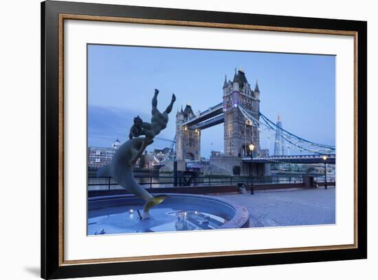 View of Fountain with Tower Bridge in the Background, Thames River, London, England--Framed Photographic Print