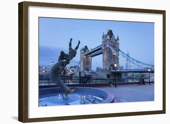 View of Fountain with Tower Bridge in the Background, Thames River, London, England-null-Framed Photographic Print