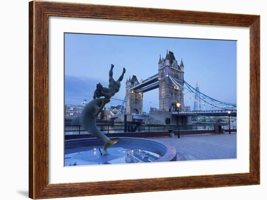 View of Fountain with Tower Bridge in the Background, Thames River, London, England--Framed Photographic Print