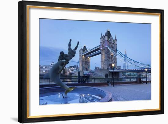 View of Fountain with Tower Bridge in the Background, Thames River, London, England-null-Framed Photographic Print