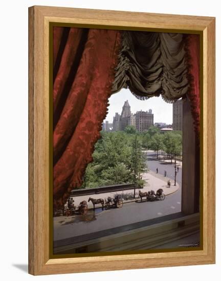 View of Handsome Cab Horse Drawn Carriages Outside the Plaza Hotel-Dmitri Kessel-Framed Premier Image Canvas