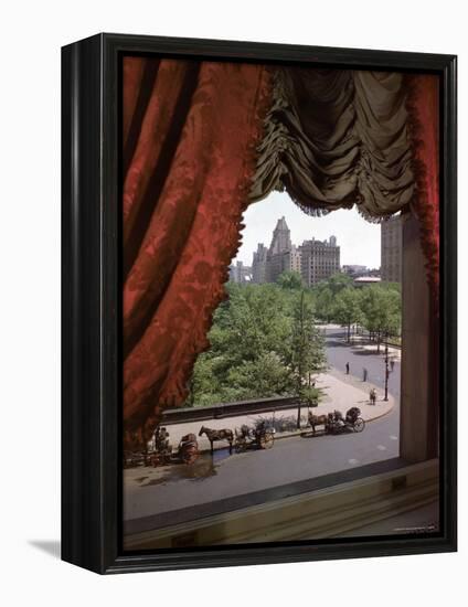 View of Handsome Cab Horse Drawn Carriages Outside the Plaza Hotel-Dmitri Kessel-Framed Premier Image Canvas