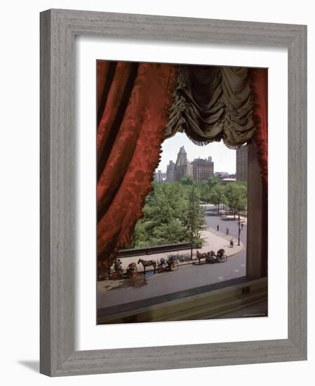 View of Handsome Cab Horse Drawn Carriages Outside the Plaza Hotel-Dmitri Kessel-Framed Photographic Print