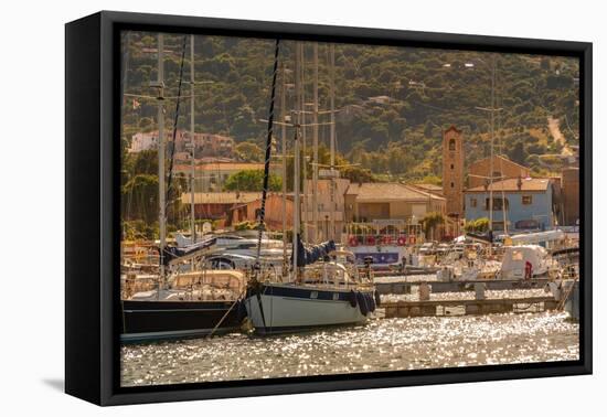 View of harbour and boats and church at Cannigione, Cannigione, Sardinia, Italy, Mediterranean-Frank Fell-Framed Premier Image Canvas