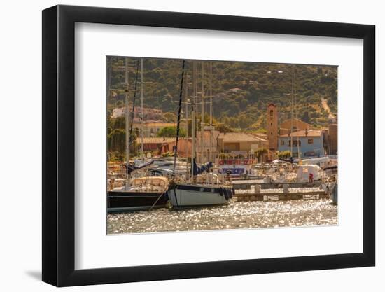 View of harbour and boats and church at Cannigione, Cannigione, Sardinia, Italy, Mediterranean-Frank Fell-Framed Photographic Print