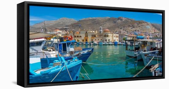 View of harbour boats in Kalimnos with hills in the background, Kalimnos, Dodecanese Islands-Frank Fell-Framed Premier Image Canvas