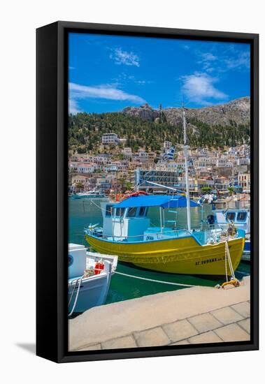 View of harbour boats in Kalimnos with hills in the background, Kalimnos, Dodecanese Islands-Frank Fell-Framed Premier Image Canvas