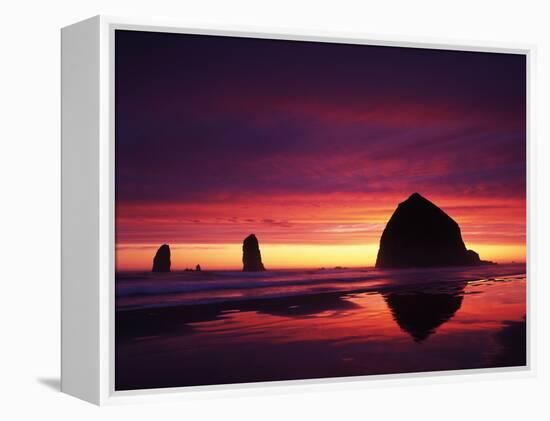 View of Haystack Rock on Cannon Beach at Sunset, Oregon, USA-Stuart Westmorland-Framed Premier Image Canvas