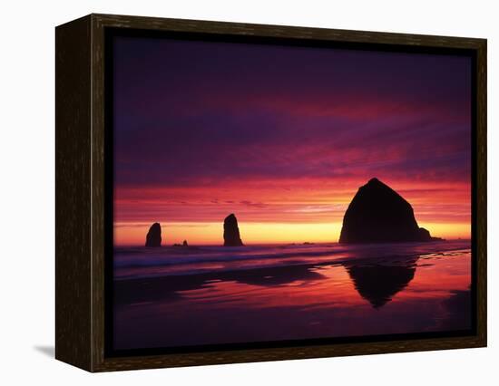 View of Haystack Rock on Cannon Beach at Sunset, Oregon, USA-Stuart Westmorland-Framed Premier Image Canvas