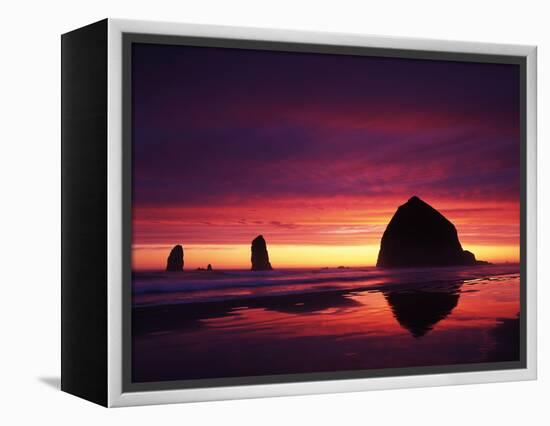 View of Haystack Rock on Cannon Beach at Sunset, Oregon, USA-Stuart Westmorland-Framed Premier Image Canvas