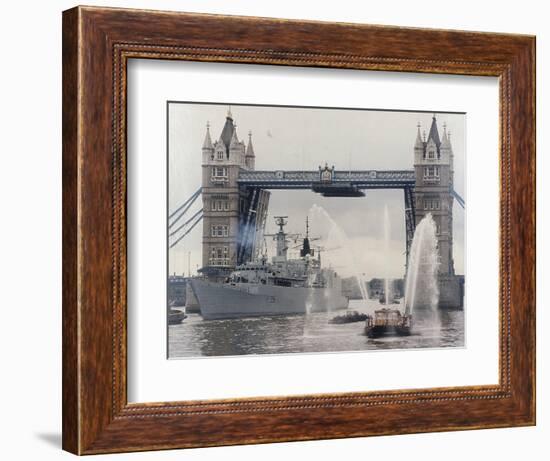 View of HMS London Sailing Beneath Tower Bridge, London, 1988-null-Framed Photographic Print