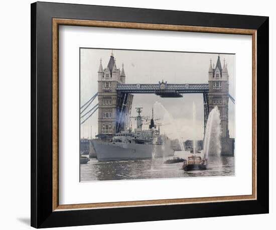 View of HMS London Sailing Beneath Tower Bridge, London, 1988-null-Framed Photographic Print