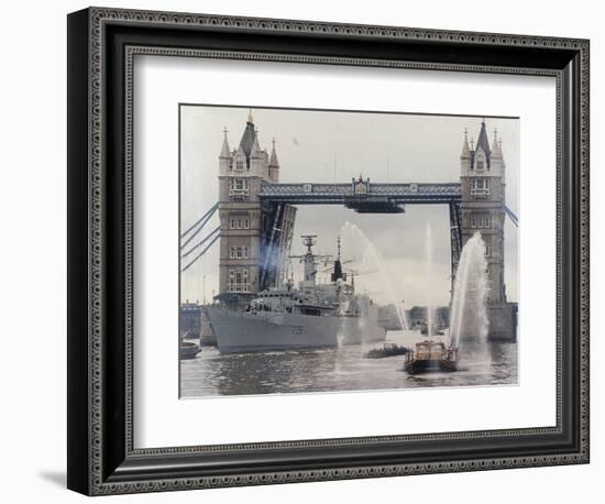 View of HMS London Sailing Beneath Tower Bridge, London, 1988-null-Framed Photographic Print